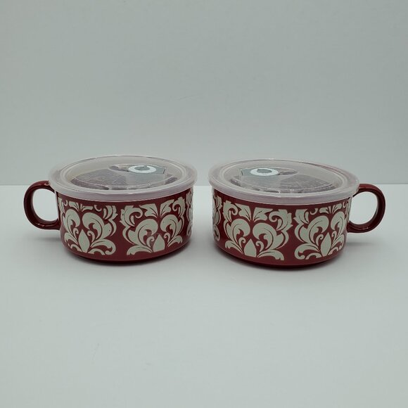 Cook's Essentials Red Soup Mugs Etched White on Red Chili Chowder Bowls - Picture 1 of 9
